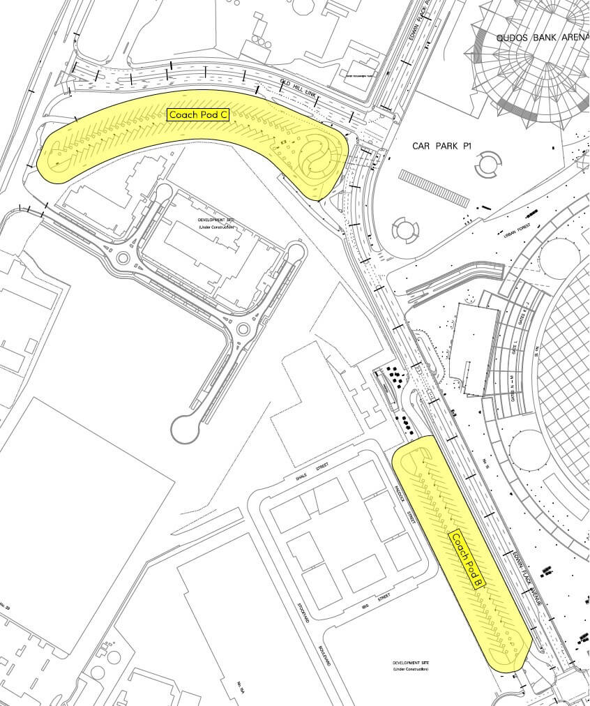 Overhead map of Edwin Flack Avenue highlighting Coach Pods B and C